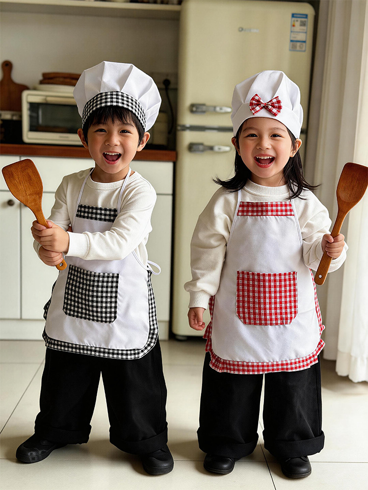 2pcs Plaid Kids Chef Apron and - Baking Kitchen Set Up ulasan dan harga